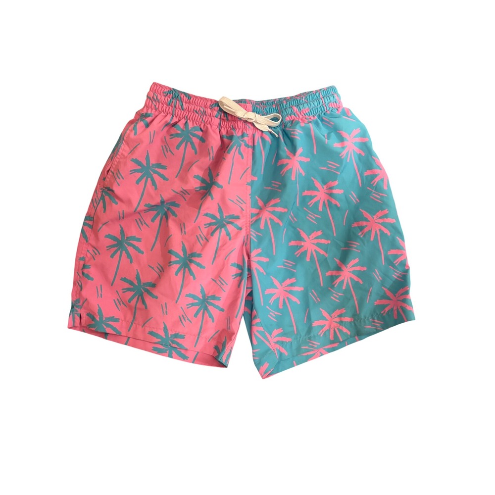 Chubbies Mens Swim Trunks Pink Teal Palm Tree Colorblock 7" Inseam Medium